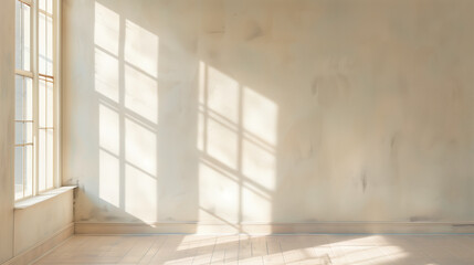 A large empty room with a window and a light beige wall.sunlights coming through windowand fading window shadows.