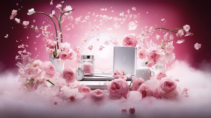 Pink flowers and a laptop on a table in a dreamy and surreal setting with a pink background.