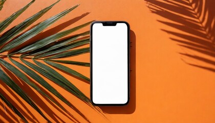 Smartphone mock up with blank screen with palm leaf shadow isolated on a orange wall. Creative layout. Top view, flat lay