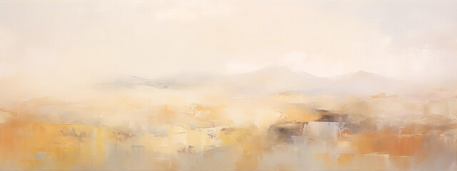 Oil painting of a misty mountain landscape in warm colors with a minimalist style