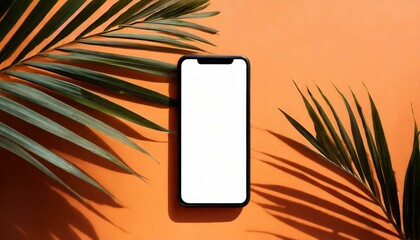 Smartphone mock up with blank screen with palm leaf shadow isolated on a orange wall. Creative layout. Top view, flat lay