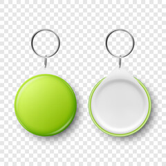 Vector 3d Realistic Green Blank Round Button Badge with Ring Holder Closeup, Isolated. ID Badge Design Template, Mockup. Design Template for Access Pass, Identification, Events. Front, Back Side View