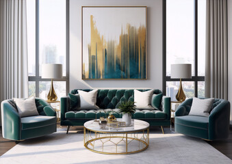 An opulent living room with a green velvet sofa, two armchairs, a coffee table, and a large abstract painting in gold and blue hues.