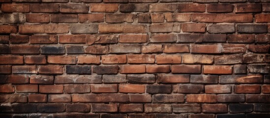 Fototapeta premium A detailed closeup of a brown brick wall showcasing the intricate brickwork, composite material, and rectangular shapes of each individual brick bonded together with mortar