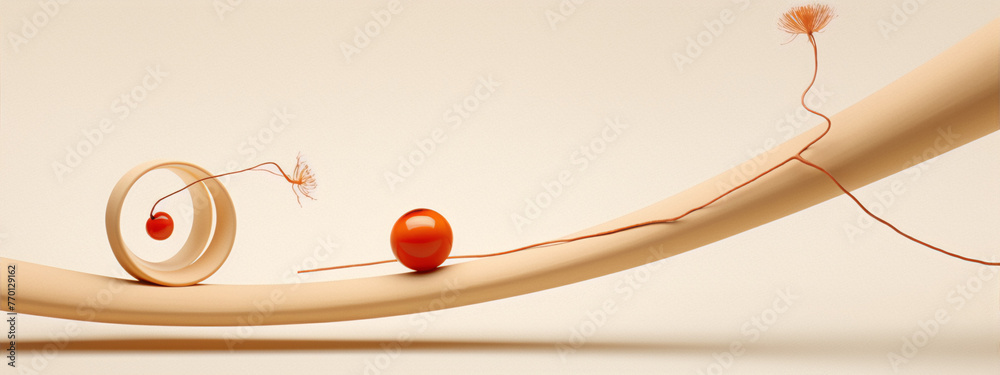 Fototapete 3d rendering of a surreal beige organic structure with orange spheres and flower-like elements