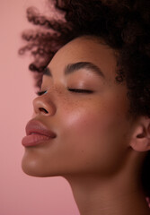 Portrait of a beautiful African woman on a pink background with a healthy skin with freckles
