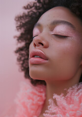 Profile portrait of a beautiful African American teenage girl wearing pink makeup on a pink background