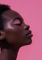 Profile portrait of a beautiful African woman wearing pink makeup on a pink background