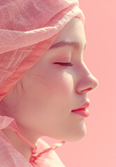 Side portrait of a young beautiful woman with healthy bright skin on a pink background, natural light