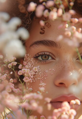 Portrait of a beautiful woman with freckles on her skin,  composition with flowers and bokeh