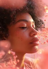 Portrait of a beautiful Afro American woman with glitter, flowers and bokeh on a pink background