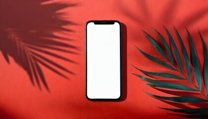 Smartphone mock up with blank screen with palm leaf shadow isolated on a red wall. Creative layout. Top view, flat lay