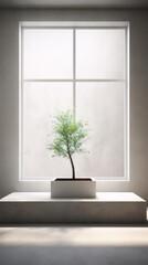 Minimalist interior design with a small potted tree in front of a large window