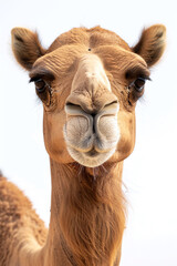 close up view of arabian camel head looking straight to the camera isolated on white background. zoom view of camel face.