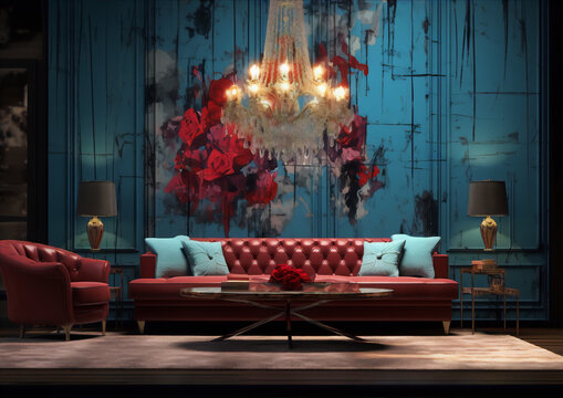 Blue grunge wall with red leather sofa and crystal chandelier in the middle, two red lamps on side tables and a coffee table with books and roses on it.