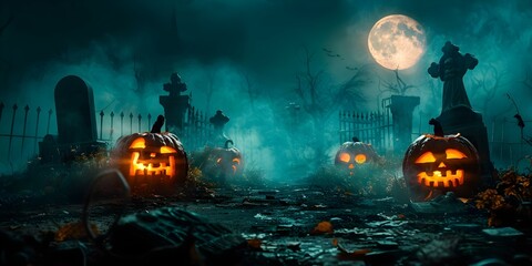 Spooky Halloween Scene with Jack-o'-Lantern. Concept Halloween Photoshoot, Spooky Props, Jack-o'-Lantern Portrait, Creepy Atmosphere