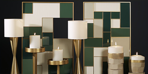 3D rendering of a minimalist still life with candles and geometric patterns in green, white, and gold colors.