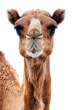 close up view of arabian camel head looking straight to the camera isolated on white background. zoom view of camel face.