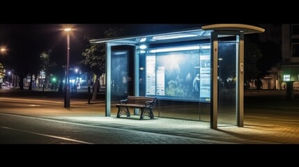 Blank billboard in bus stop at night with the lights