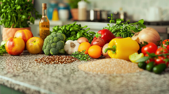 Fresh Ingredients for Healthy Cooking on Kitchen Counter