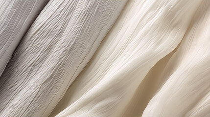 Closeup of wavy beige and white fabric with a soft focus, showing its delicate texture. - obrazy, fototapety, plakaty