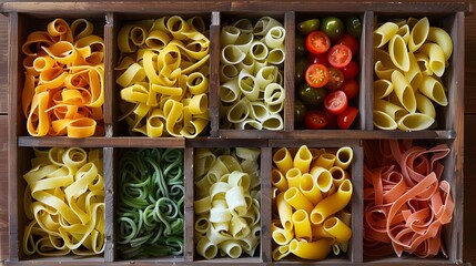 Pasta assorted. Set of different types of paste in the cells of a wooden box.