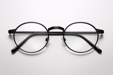 Black metal eyeglasses with round frames on a white background.