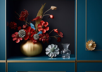Still life photography of a vase of red and blue flowers in a blue and gold interior space with a dark blue background.