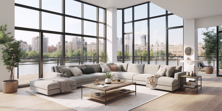 A bright and airy living room with a large sectional sofa, a coffee table, and a rug, with floor-to-ceiling windows and a view of the city.
