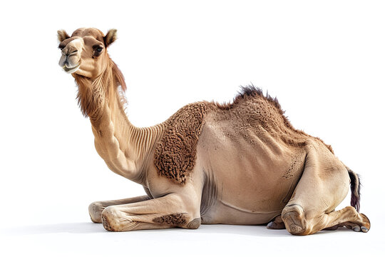 Arabian camel resting or sitting on the ground isolated on white background. side view photograph, full body shot.