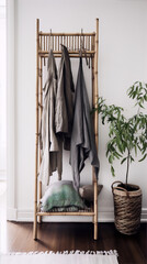 A clothes rack with clothes and a plant in a basket beside it in a bright room with white walls and brown wooden floors.