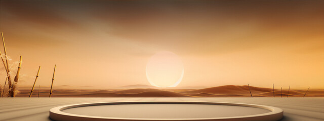 3D rendering of an empty podium in the middle of a vast desert landscape with a setting sun and bamboo plants on the left side
