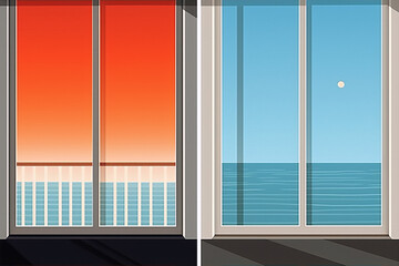 Two vector illustrations of a sunset and a seascape through a window in flat colors with a gradient background in the style of Hockney.