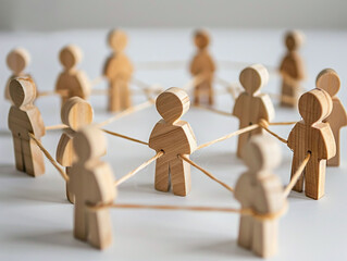 a group of wooden figures standing and connected each other with a line, networking collaboration or communication, teamwork, organization image concept.