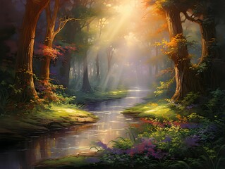 Autumn forest and river, panoramic illustration. Nature background