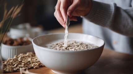 young woman adding plant milk in bowl of her morning muesli
