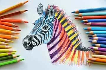 A zebra drawing with a rainbow stripe pattern