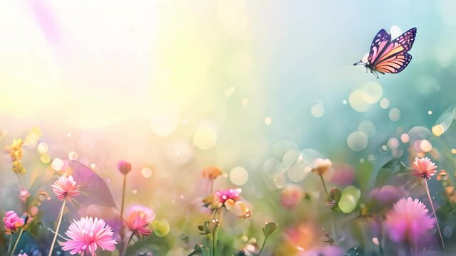 Flower background with butterfly and bokeh lights. Floral design, AI Generated