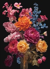 bouquet of colorful flowers, including pink, blue, and yellow, arranged against a black background.