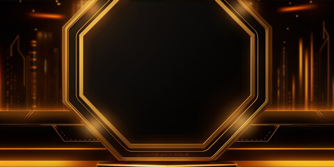 Futuristic glowing golden frame in the center of a dark background