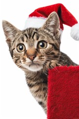 Adorable kitten in christmas hat peeking from behind blank banner for a charming holiday surprise