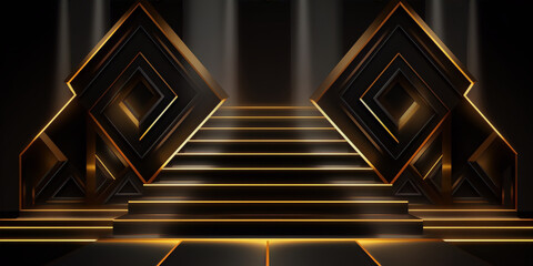3D rendering of a dark and golden Art Deco style stage with spotlights