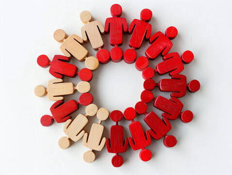 Wooden figures laying in circle surround a small group of others, bullying image concept.