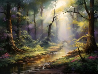 Digital painting of a river flowing through a forest with a sunbeam