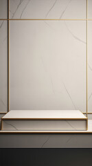 3D rendering of a white marble podium with golden elements against a marble background in a minimalist style