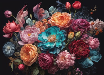 painting of a bouquet of flowers, primarily in shades of pink, blue, and purple, against a black background.
