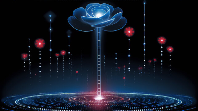 Futuristic glowing blue rose on a dark blue background with red accents, in a digital art style.