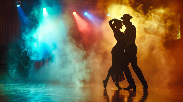 Amidst a misty backdrop, a man and a woman move in perfect harmony on the stage, their dance routine illuminated by dramatic overhead lighting