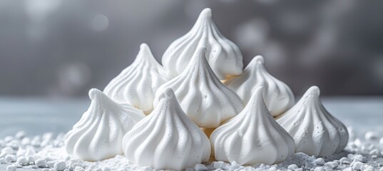 Professional food photography of delectable meringue cookies on a rustic kitchen table