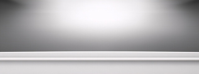 3D rendering of an empty white shelf with a spotlight on it, against a grey background.